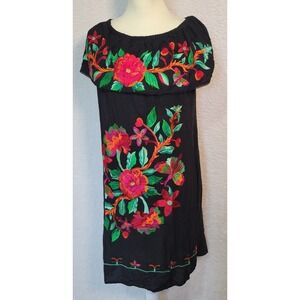 Radhe Off Shoulder Black Dress Sz 44 (M-L) Embroidered Floral Hippie Boho 0819